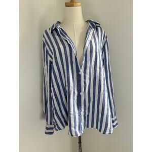 Lola River Blue White Stripe Long Sleeve Button Up Shirt Coastal Beach Vacation